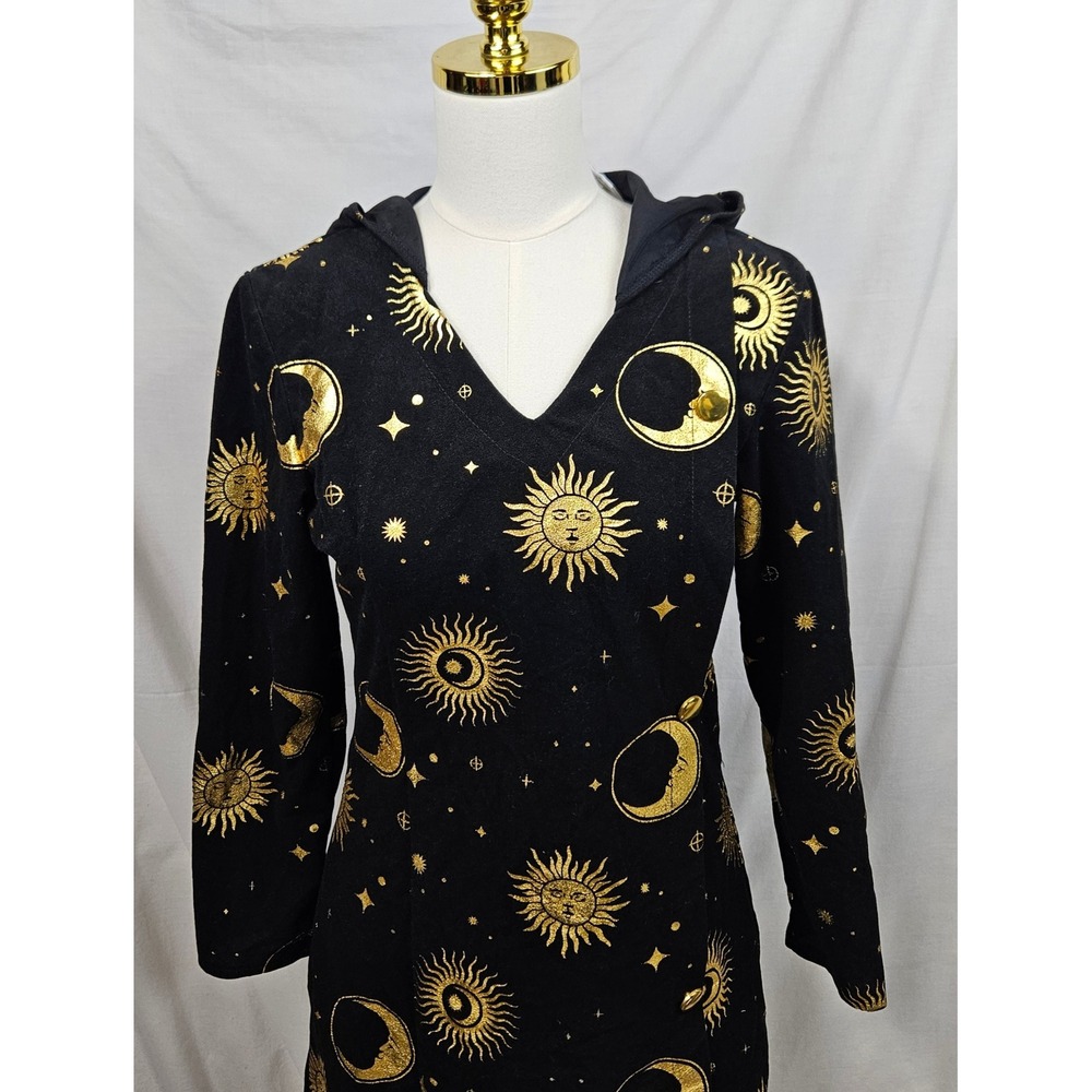 Underwraps Celestial Sun Moon Gold Metallic Hooded Mini Dress Black Sm Witchy - Picture 3 of 8